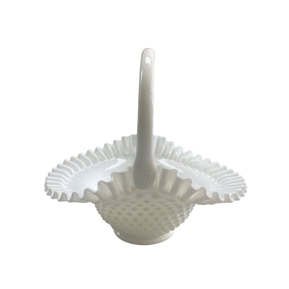 Fenton Hobnail Milk Glass Basket With Ruffled Edge - Picture 2 of 11